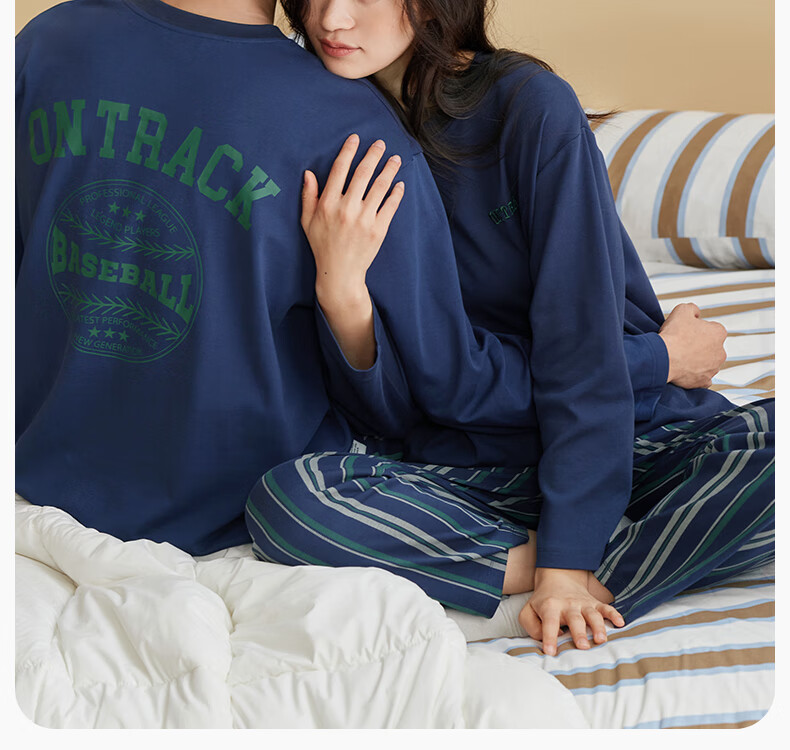 Autumndeer Ultra Soft Pure Cotton Antibacterial Pajamas Women Autumn Long Sleeve Couples Men's Homewear Set Dark Navy Blue Men 2XL 1