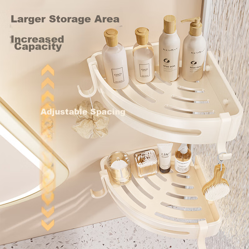 Jiashigao Bathroom Storage Rack, No Drilling Required, Space Aluminum Corner Shelf, Cream White, Drip-Draining Wall-Mounted