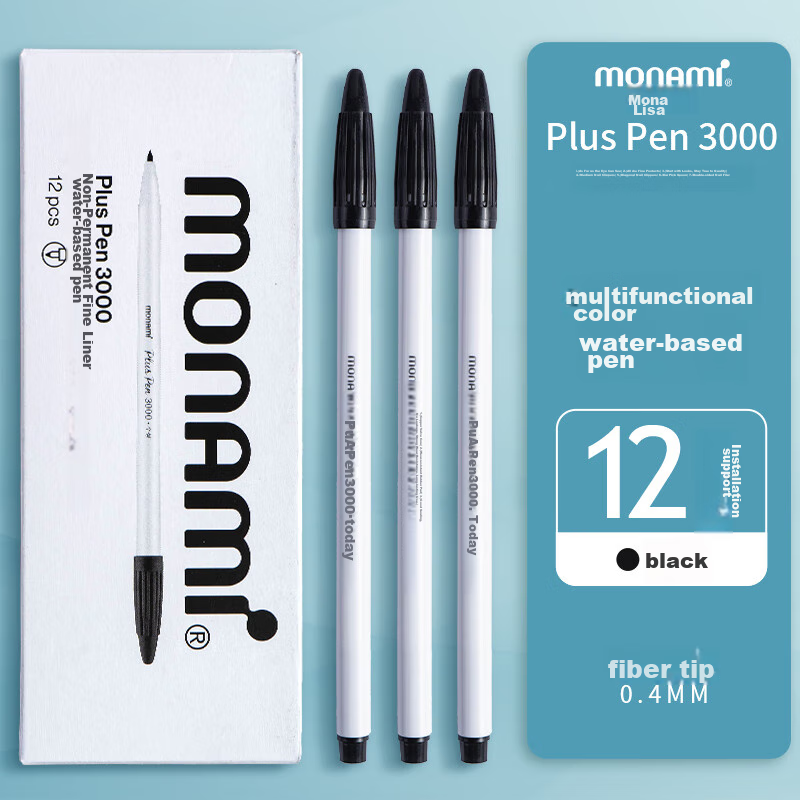 [Back to School Essential] Monami (Monami) New P3000 Fiber Pen, Water-Based Pen, Gel Pen, Outlining Pen, Journaling Pen for Students, Black, 12-Pack, 04008/04009-01