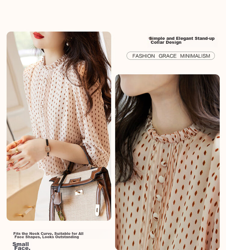Dme [Polka Dot Puff Sleeve Blouse], Spring And Autumn Stand-Collar Fitted Long-Sleeve Commuter Shirt, Women's Top 6