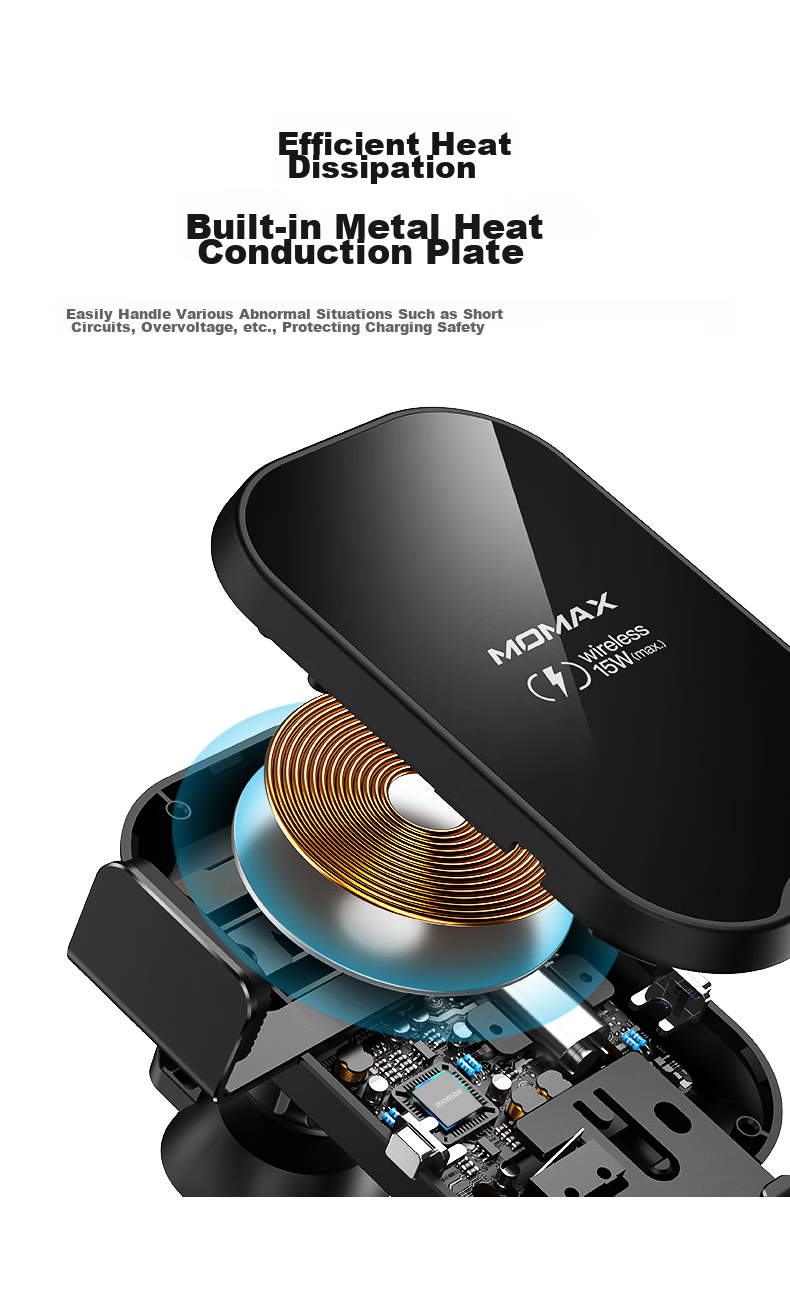 MOMAX Car Phone Holder, 15W Wireless Fast Charging Car Phone Mount, Magnetic Air Vent Navigation Stand 14