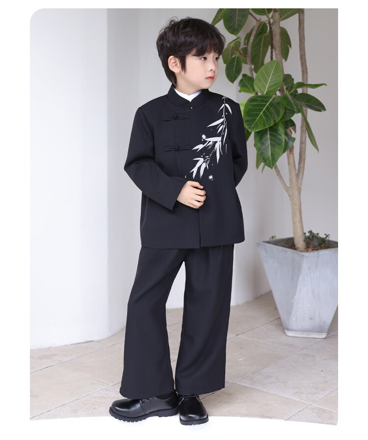 LUOBOBEIBEI Boys' New Chinese-Style Formal Wear, Winter Fleece-Lined Jacket, Children's National Style Suit Tang Costume, Black Three-Piece Set, Size 140 8
