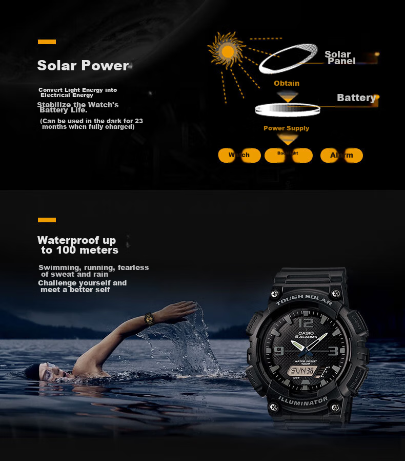 Casio Men's Sports Multifunctional Dual Display Waterproof Solar-Powered Electronic Watch, Student Gift AEQ-110W 3