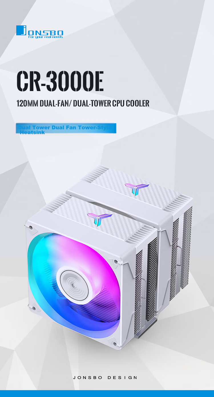 JONSBO CR-3000E Colorful White Edition CPU Air Cooler (Dual Tower Dual Fan / Nickel-Plated 6 Heat Pipes / Colorful Lighting Effects / PWM / Multi-Platform / Thermal Paste Included) 1
