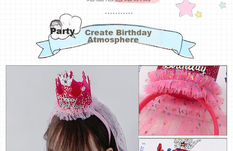 Ounizi Birthday Hat, Crown Headband, Birthday Scene Decoration, Girl's Birthday Props, Atmosphere Party Decorations, Happy Birthday 3