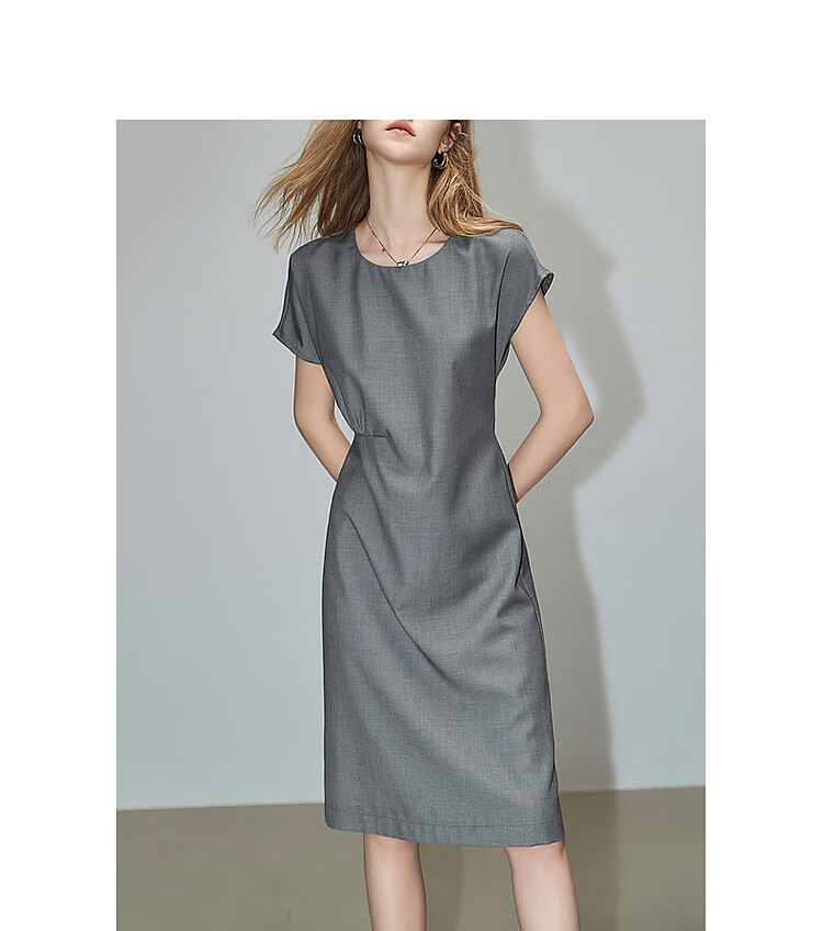 Dme Elegant Large Women's Summer Round Neck Waist-Cinching Urban Asymmetric Pleated Lightweight Commuter Short-Sleeve Dress for Wome 10