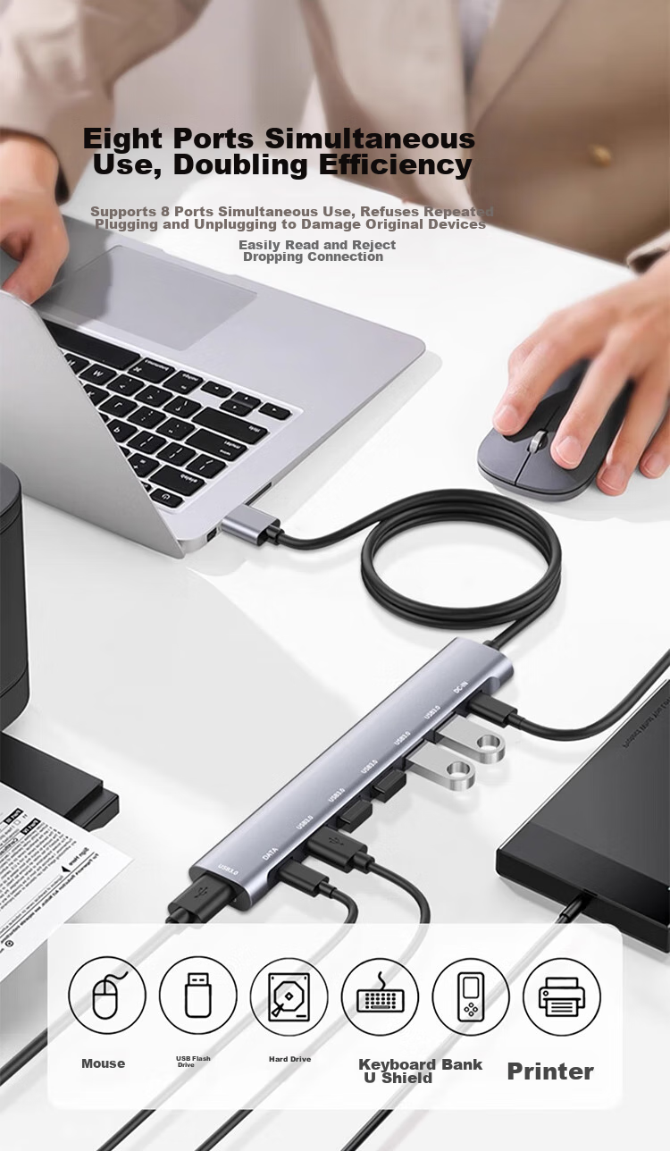 Youlianxing USB Hub Extender, 8 Ports, 1 Meter, USB 3.0 Expansion HUB, One-To Adapter, Suitable for Huawei, Lenovo Desktop Computers, Laptops, Mouse, Keyboard, Hard Drive 5