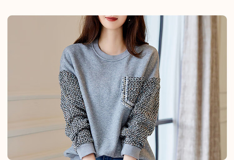 Dme Simple Color-Block Elegant Fleece-Lined Sweatshirt, Autumn And Winter Cotton Round Neck Loose Women's Top, Gray Fleece, XL 4