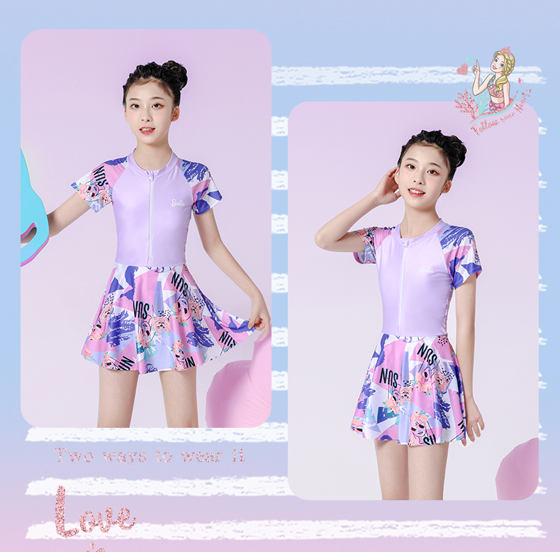 Barbie Girls' One-Piece Swimsuit Dress for Older Children, Stylish Swimsuit for Young Girls And Middle School Students 10