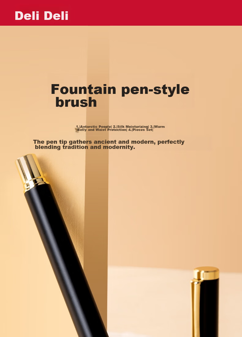 Deli Fountain Pen-Style Brush Pen, Soft Calligraphy Practice Pen for Small Regular Script, Refillable Ink, Adult Beginner Student Calligraphy Copybook Practice Pen with Soft Wolf Hair Tip, Portable Sutra Writing Pen for Business, Black And Gold 1