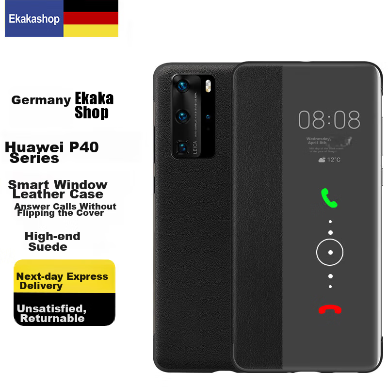 Чехол-книжка Ekakashop Smart View Flip Case для Huawei P40 Pro, защита от падений, бизнес-стиль, кожаный, черный