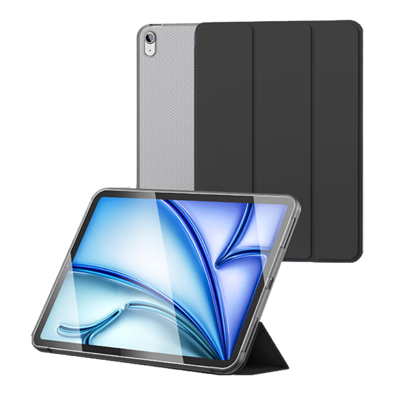 JD Original IPad Air 7 2025 Protective Case, 11-Inch Air 6/5/4 Tablet Cover, for 2024/2022/2020 Models, 10.9-Inch Tri-Fold Stand, Shockproof Silicone Case, Semi-Transparent Black