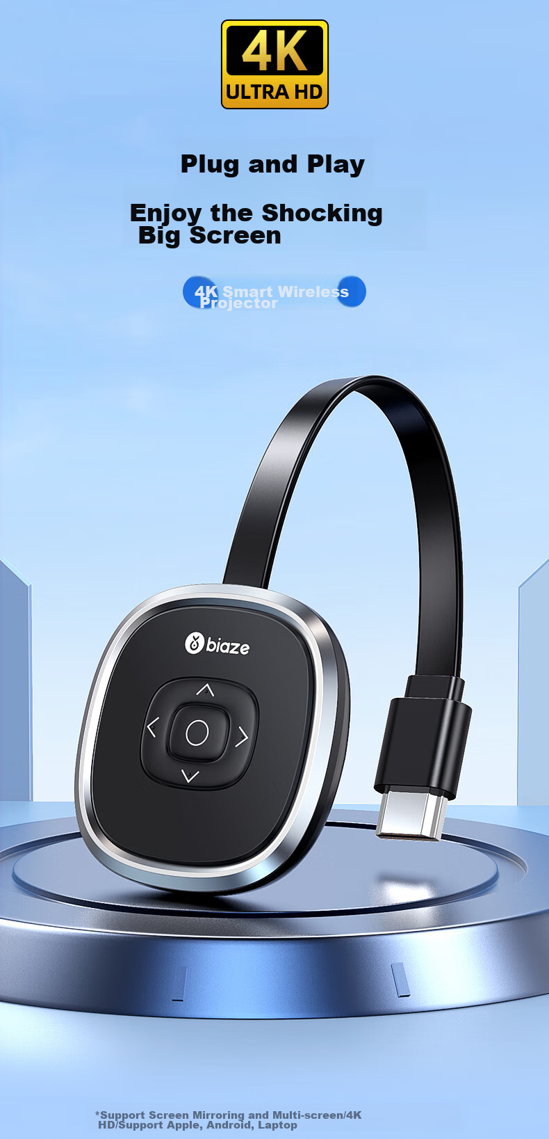 BIAZE Wireless Screen Mirroring Device for Mobile Phones, 4K HD Decoding HDMI Audio And Video Synchronization Transmitter, Compatible with Apple, Android, Huawei Phones, Computers for Connecting to TVs, Monitors, And Projectors 3