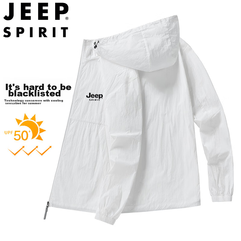 JEEP SPIRIT Men's Sun Protection Jacket, Summer UV-Resistant Hooded Lightweight Coat, Outdoor Skin-Friendly Outerwear, White, XL