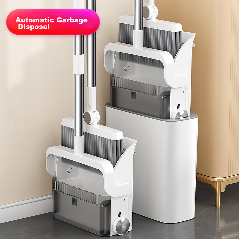 Jieshibao Broom And Dustpan Set for Home Use, 2024 New Model Sweeping Broom Set with Automatic Combination Garbage Bin, Three-Piece Set