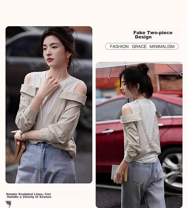 Dme Round Neck Cotton Faux Two-Piece Off-Shoulder Shirt, Plaid Patchwork Blouse, Women's Top, Off-White, M 5