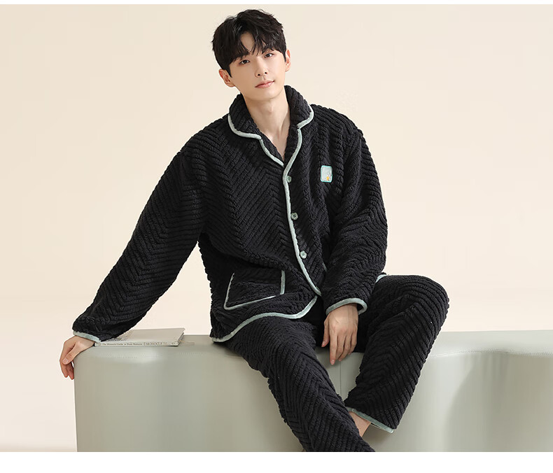 XUEXIMAN Men's Pajamas, 2026 New Autumn And Winter Style, Flannel Thickened Cardigan, Striped Long-Sleeve Top And Pants, Warm Home Wear Set 4