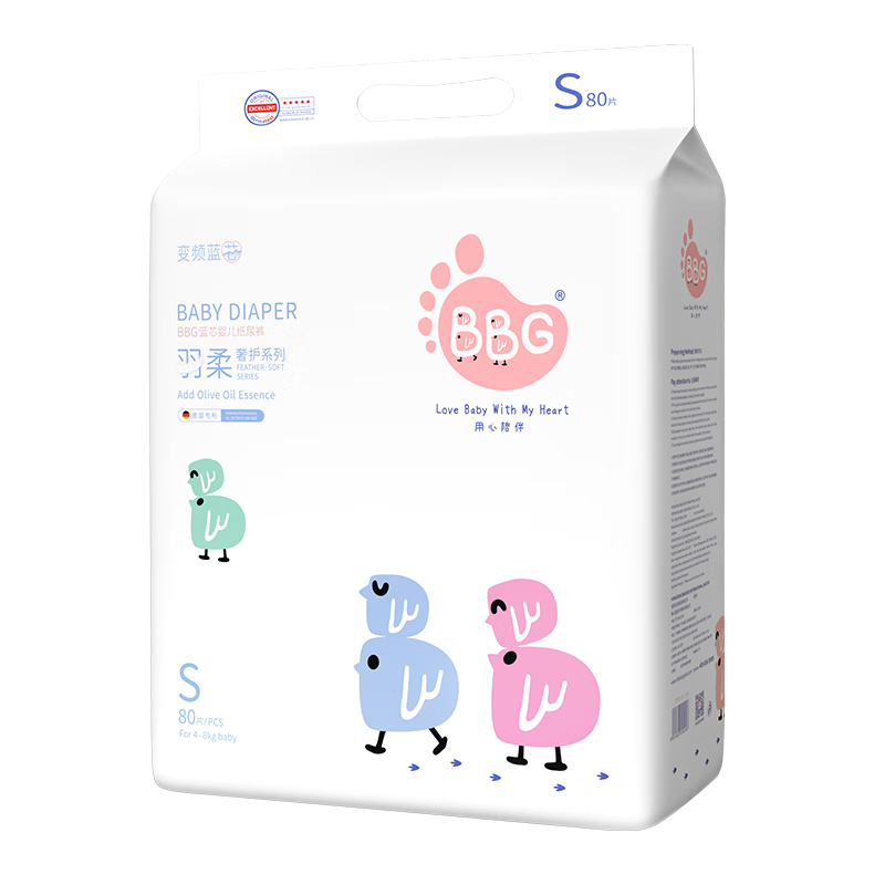 BBG Blue Core Feather Soft Luxury Diapers S Size 80 Pieces (3-6kg), Baby Diapers, Whale Absorption, Quick-Drying, Leak-Resistant