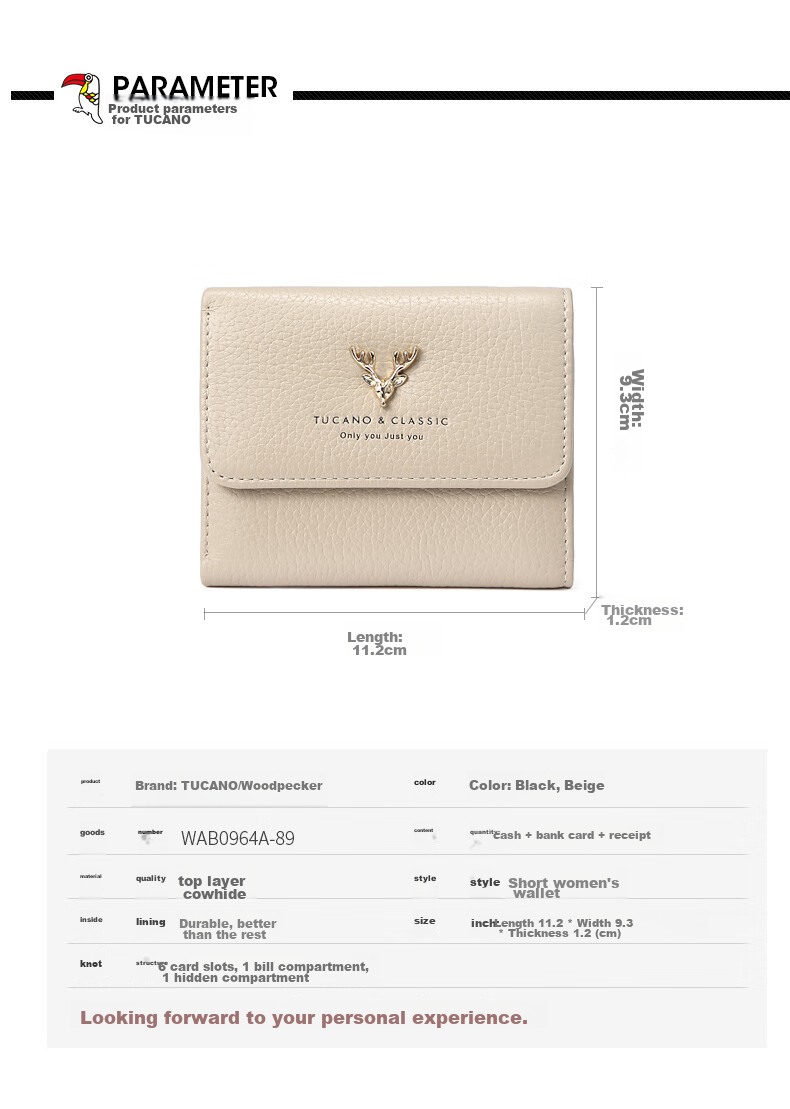 TUCANO Ladies' Wallet, Short Style, Two-Fold, Sweet And Elegant, Two-Layer Cowhide, Slim Purse, Practical, Birthday Gift for Wife on May 20 9