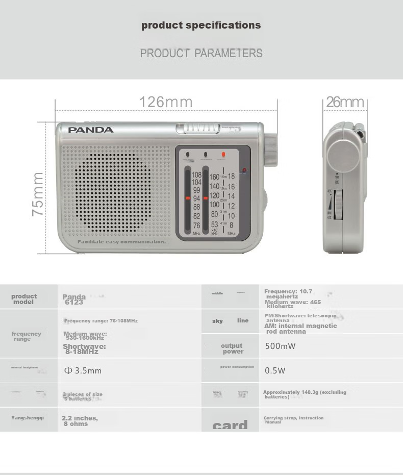 PANDA 6243 Radio Full Band Portable Illuminated Card Slot Small Gift for Elderly, Handheld Car-Mounted Backup Semiconductor, Black 6
