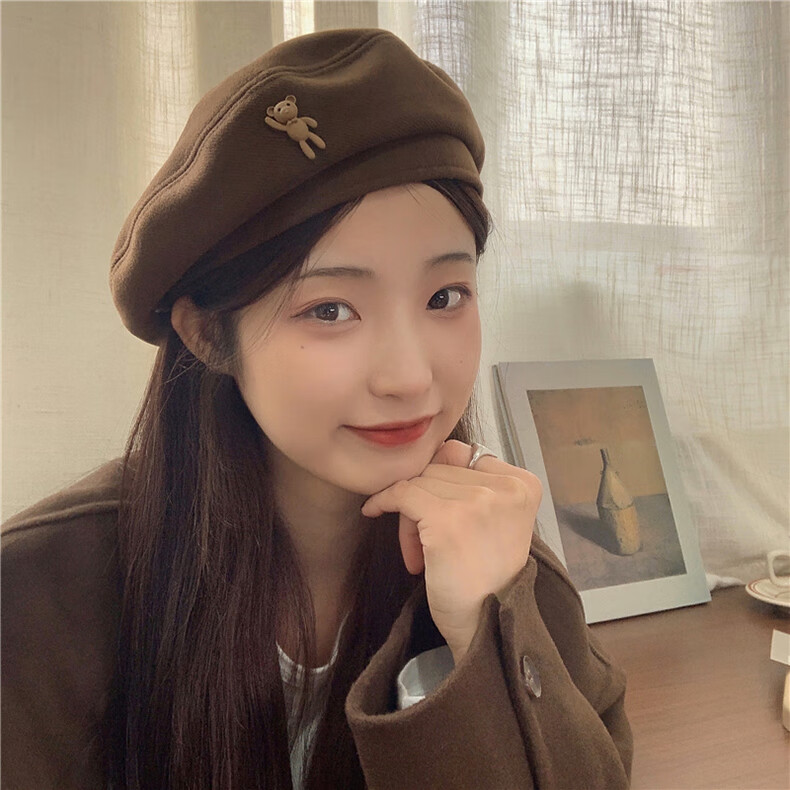XUEXIMAN Japanese Vintage Cartoon Bear Brown Wool Beret Women's Fashionable Elegant Painter Hat 9