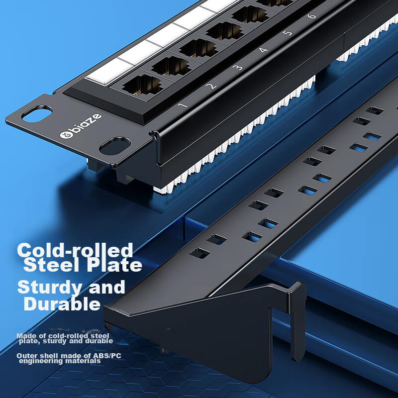BIAZE CAT5e 24-Port Patch Panel, Unshielded CAT5e Network Cable Management Rack, Gold-Plated 1U Rack-Mounted Cabinet for Engineering Network Patch Cords And Cable Management Trough TT82