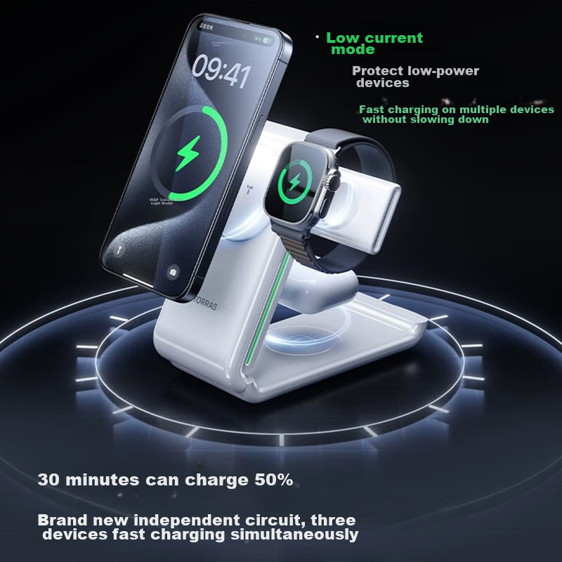 TORRAS Apple Wireless Charger for IPhone 16 Pro Max, AirPods, Earphones, IWatch, Three-In MagSafe Magnetic Fast Charging 15W