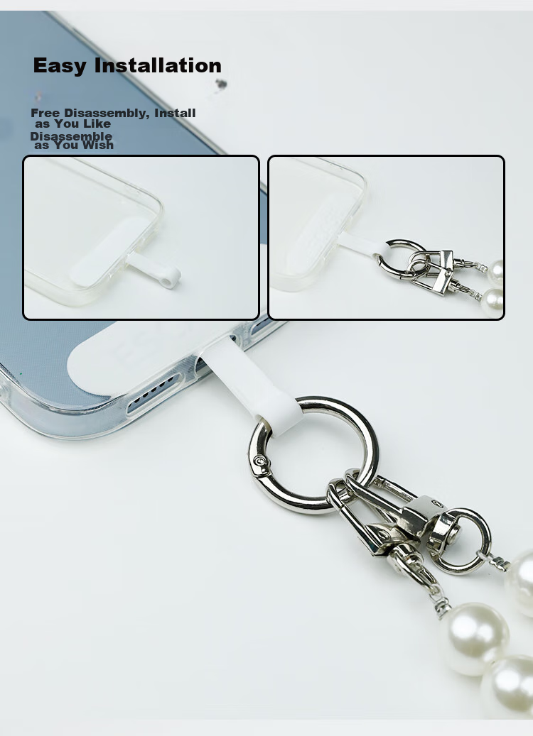 ESCASE Phone Lanyard Crossbody Strap Neck Strap Anti-Loss Phone Case Long Chain High Fashion Pearl Necklace Dopamine Summer Colorful Silver White 7