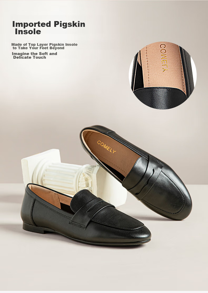 COMELY Women's Slip-On Loafers, Autumn New Style Mall Version, Lightweight Comfortable Commuter Leather Shoes, Black, Size 33 3