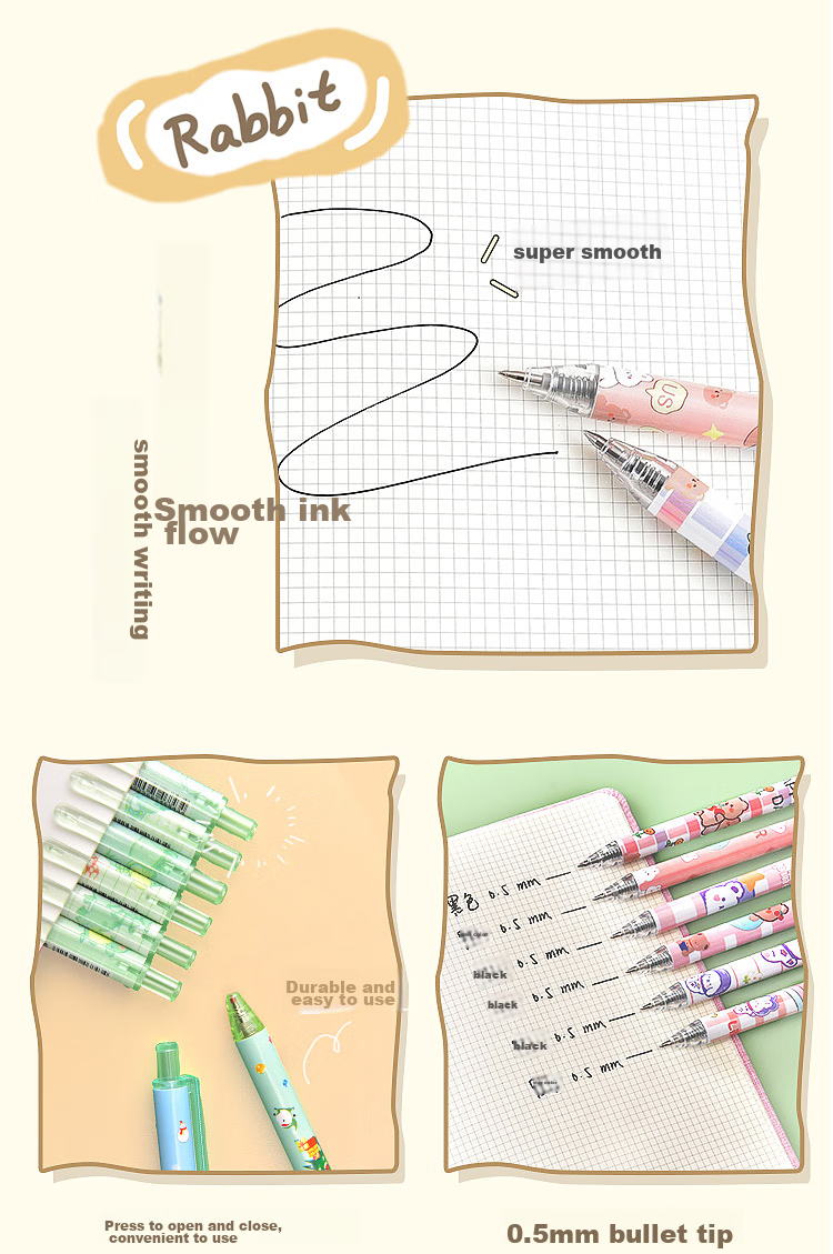 Yuhe Retractable Gel Pen, 0.5mm Black Quick-Drying Pen, Cartoon Cute Signature Pen, Student High School Entrance Exam Practice Pen, Writing Set with 6 Pens, 2223 Xiaomi Particle 5