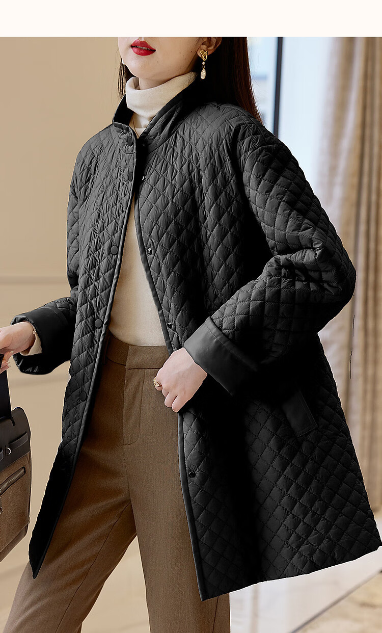Dme [Quilted Diamond-Patterned Cotton Coat] Winter Stand-Collar Loose Drop-Shoulder Anti-Chafe Padded Jacket for Women, Mid-Length Style, Black, Size M 27
