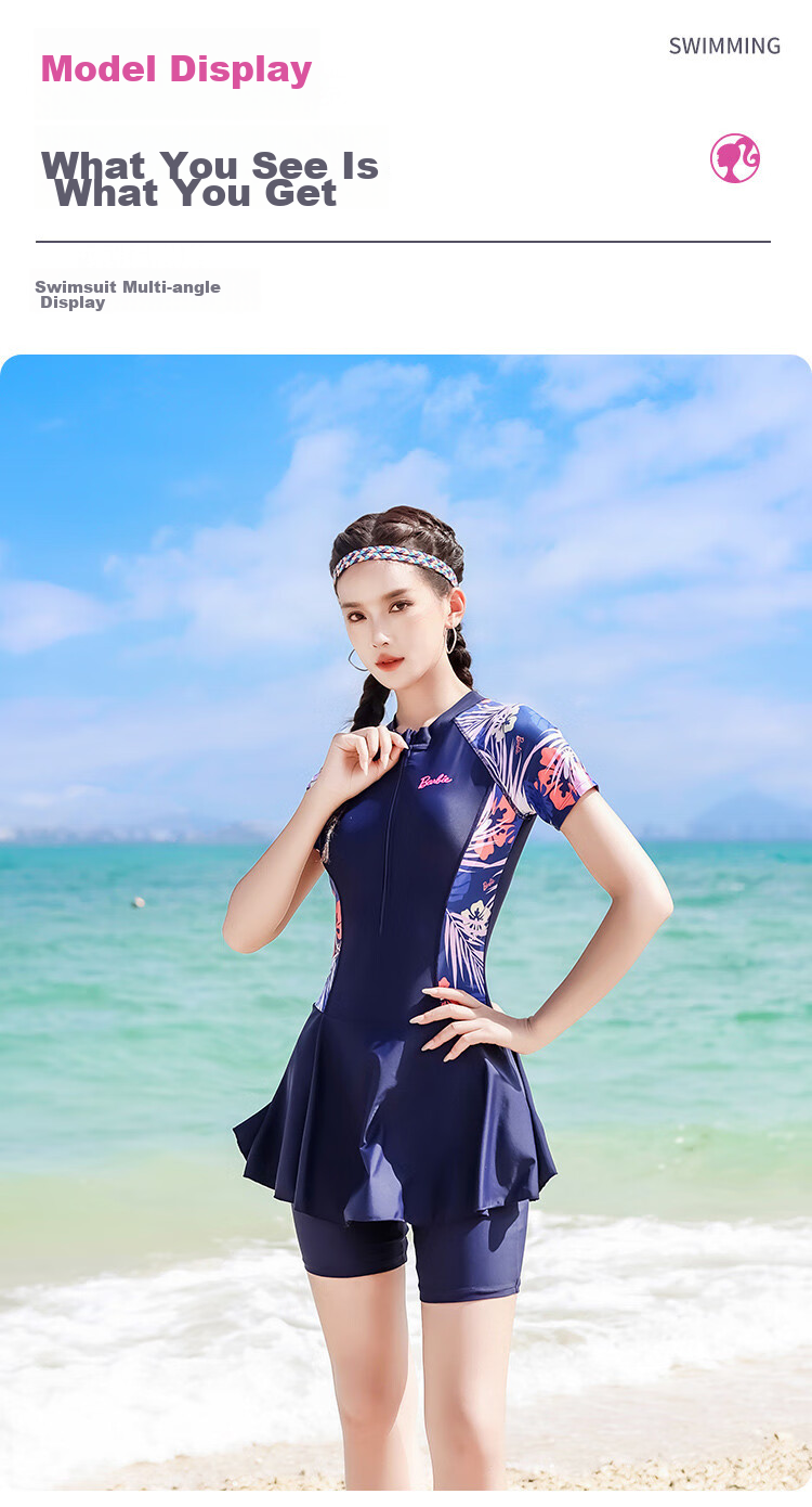 Barbie One-Piece Swimsuit for Women, Boyshort Five-Point Swimwear, Fashionable Tummy Control Slimming Conservative Plus Size Beach Vacation Swimwear 10