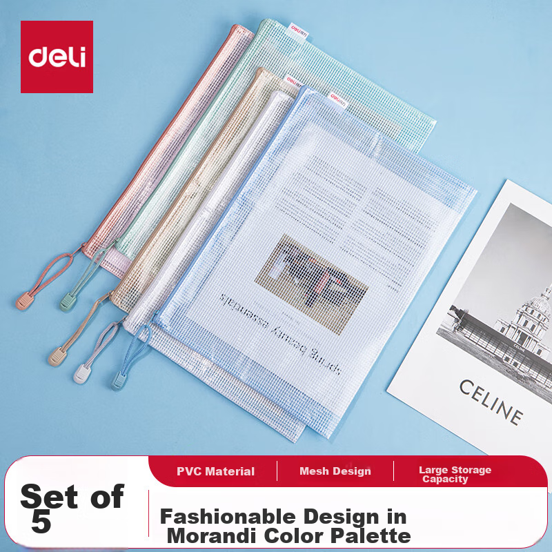 Deli Back-To Stationery, 5 A4 Grid Zipper Pouches, File Folders for Students' Subject Classification, Morandi Color Series Mixed Colors 63483A