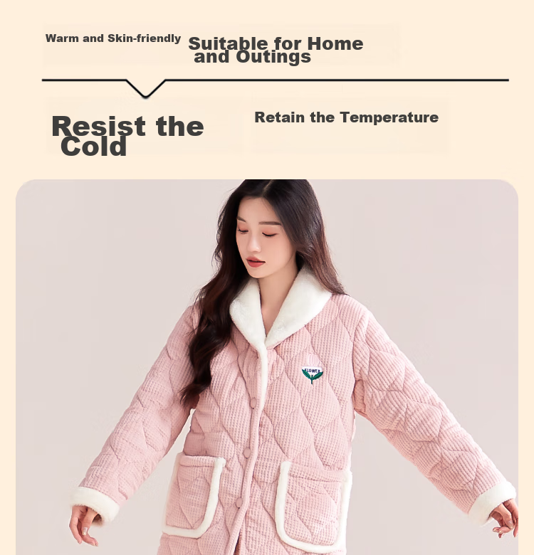 MiiOW Coral Fleece Three-Layer Padded Women's Pajamas, Ultra-Thick Fleece-Lined Warm Loungewear, Suitable for Outdoor Wear, Cherry Blossom Pink 34