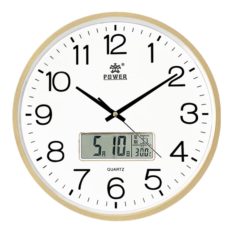POWER Bawang Calendar Wall Clock, Living Room Simple Timepiece, Wall-Mounted Quartz Clock, No Drilling Required, Home Use, 25cm Gold BW240517A1