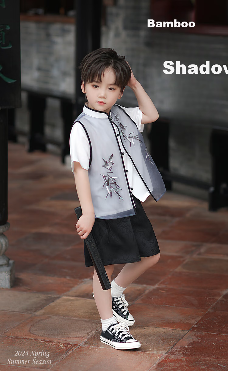 Qibo Boys' Hanfu, New Summer Style, Neo-Chinese National Style Children's Performance Costume, Bamboo Shadow Shorts (Shorts Only), Size 100 2