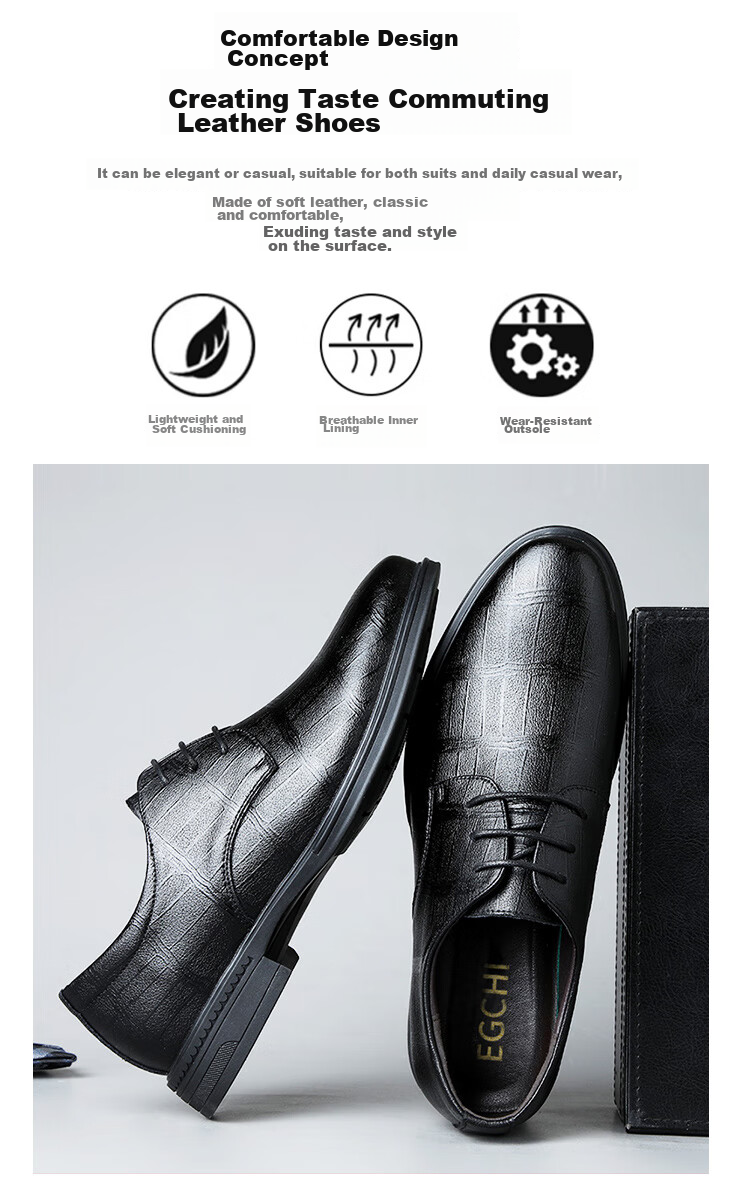 EGCHI Men's Leather Shoes, Business Formal Shoes, British Fashion Lace-Up Soft Leather Breathable Round Toe Shoes J3669 Black Size 38 3