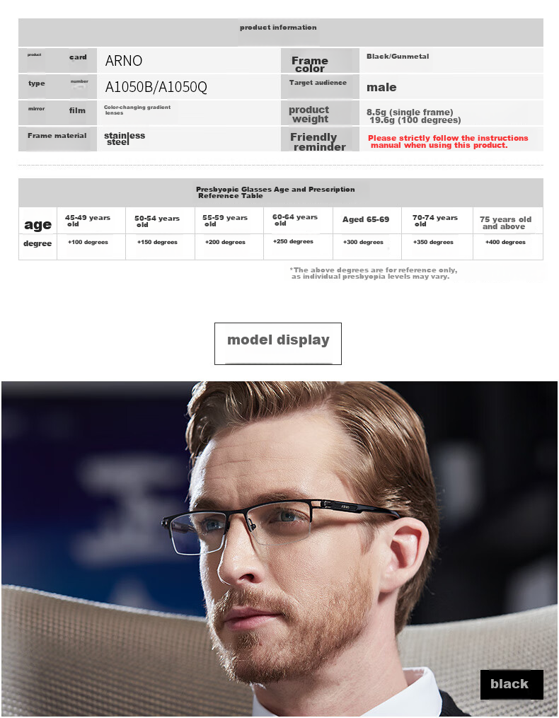 ARNO FOCUS ON YOUR EYES Reading Glasses for Men, Bifocal German Imported Automatic Zoom And Color-Changing Presbyopic Glasses A1050B 150 Degrees 11