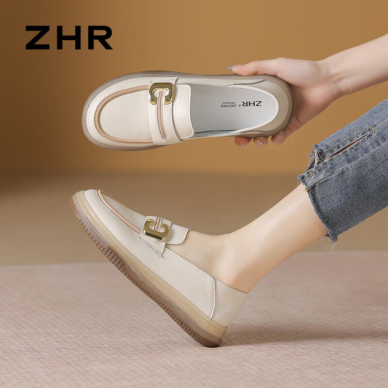 ZHR Women's Loafers, Spring And Autumn Genuine Leather, Two-Way Wear, Flat Single Shoes, Comfortable Commuter Women's Shoes, BT36, Beige, Size 40