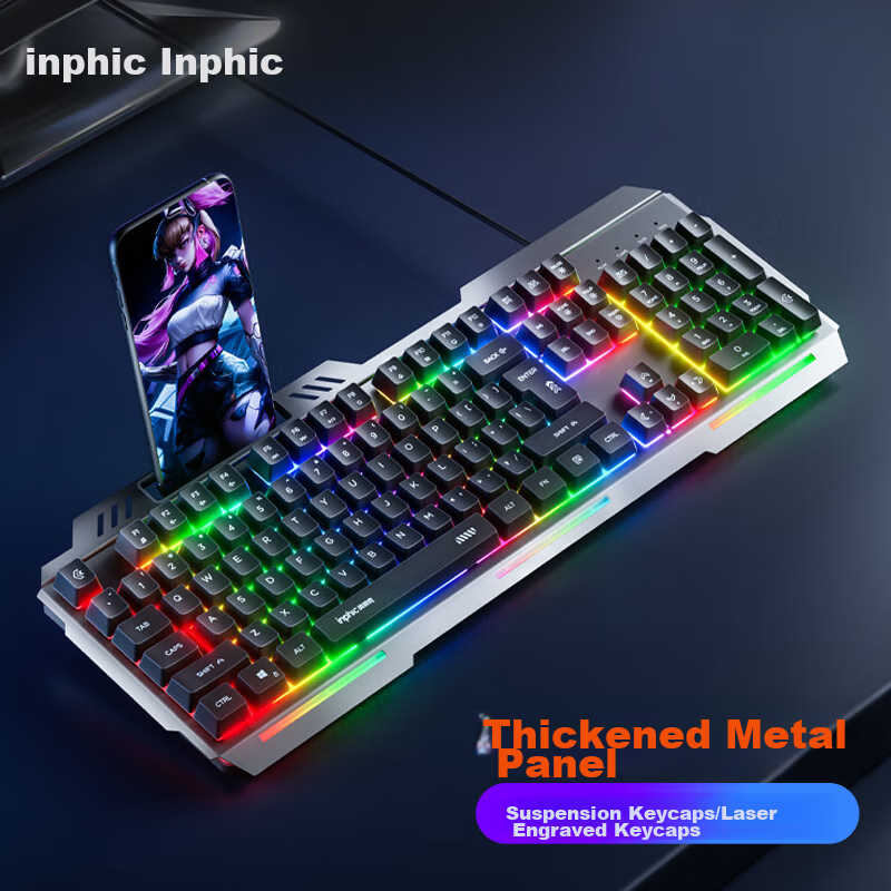 INPHIC K2 Gaming Keyboard Wired Office 104-Key Computer Desktop USB External Backlit Metal Panel 26-Key Anti-Ghosting Metal Gray
