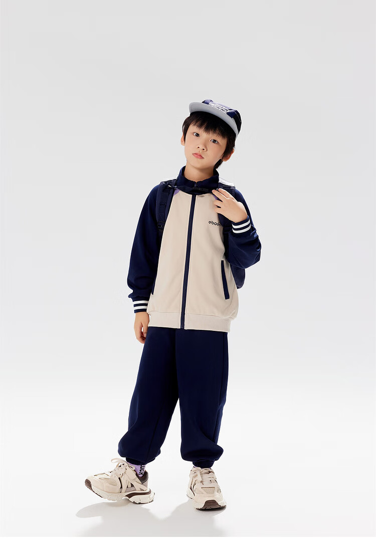 EBAER Spring Children's New Xinjiang Cotton Soft Breathable Skin-Friendly Stand-Collar Cardigan Sportswear Set, Midnight Blue, Size 120 23