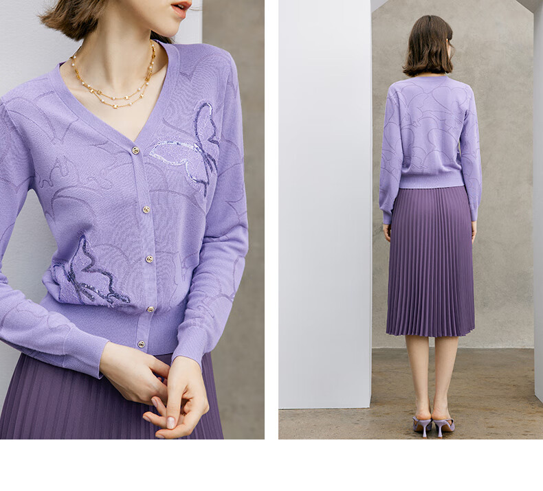 YANYEE Elegant Fashion Knit Top Women 2024 Spring V-Neck Short Cardigan Jacket Purple XXL/44 9