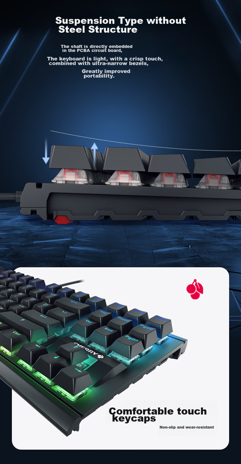 CHERRY MX1.1 Black Obsidian Aurora Mechanical Keyboard, 87 Keys, Gaming Keyboard, Wired Keyboard, Floating Design without Steel Structure, RGB Lighting Effects, Black Red Switches 6