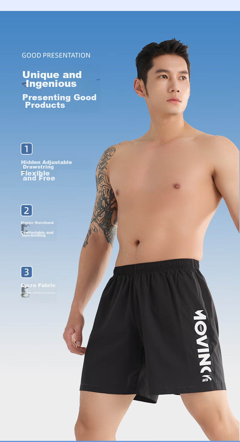 ANTA Men's Swim Shorts, Double-Layer Anti-Embarrassment, Knee-Length Professional Swim Trunks, Quick-Drying, Hot Spring, Men's Beach Style, Black, 3XL 3