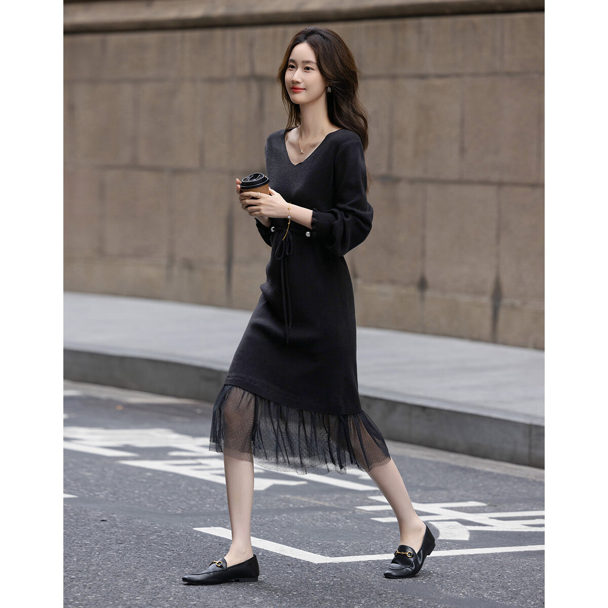 Dme [Retro Sweet Lady] Spring And Autumn Gentle Style Faux Two-Piece Pearl Drawstring Mesh A-Line Dress