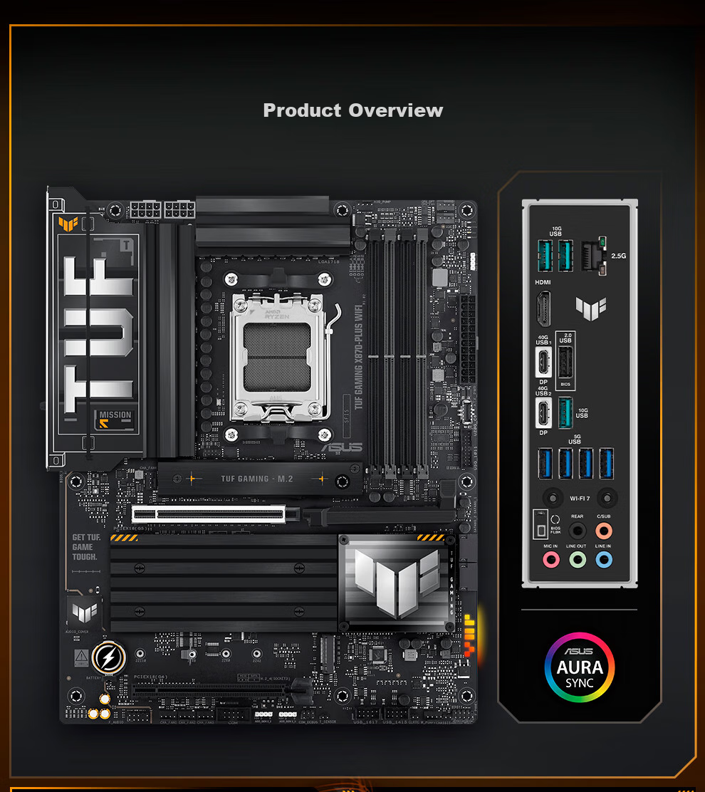 ASUS TUF GAMING X870-PLUS WIFI Motherboard, Supports CPU 9850X3D/9950X3D/9800X3D (AMD X870/socket AM5) 2