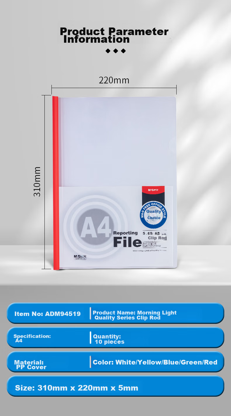 M&G A4/5mm Colored Triangular Pull Rod Binder Clip, Office Report Folder Pull Rod Clip Student Exam Organizer Document File Folder, Pack of 10 ADM94519 11
