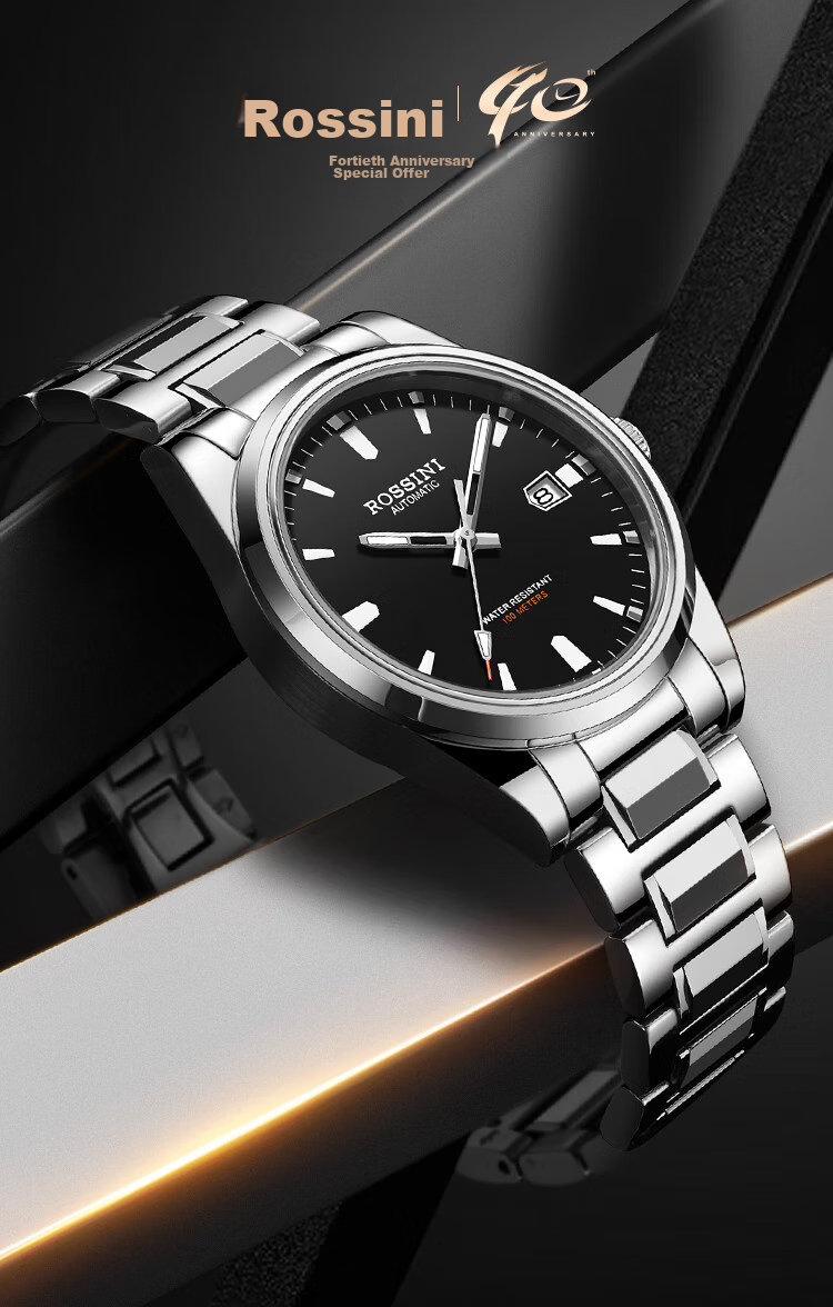 ROSSINI Men's Mechanical Watch, Birthday Gift for Men, Luminous, Water-Resistant, Black Dial, Tungsten Steel Strap, 5240209 1