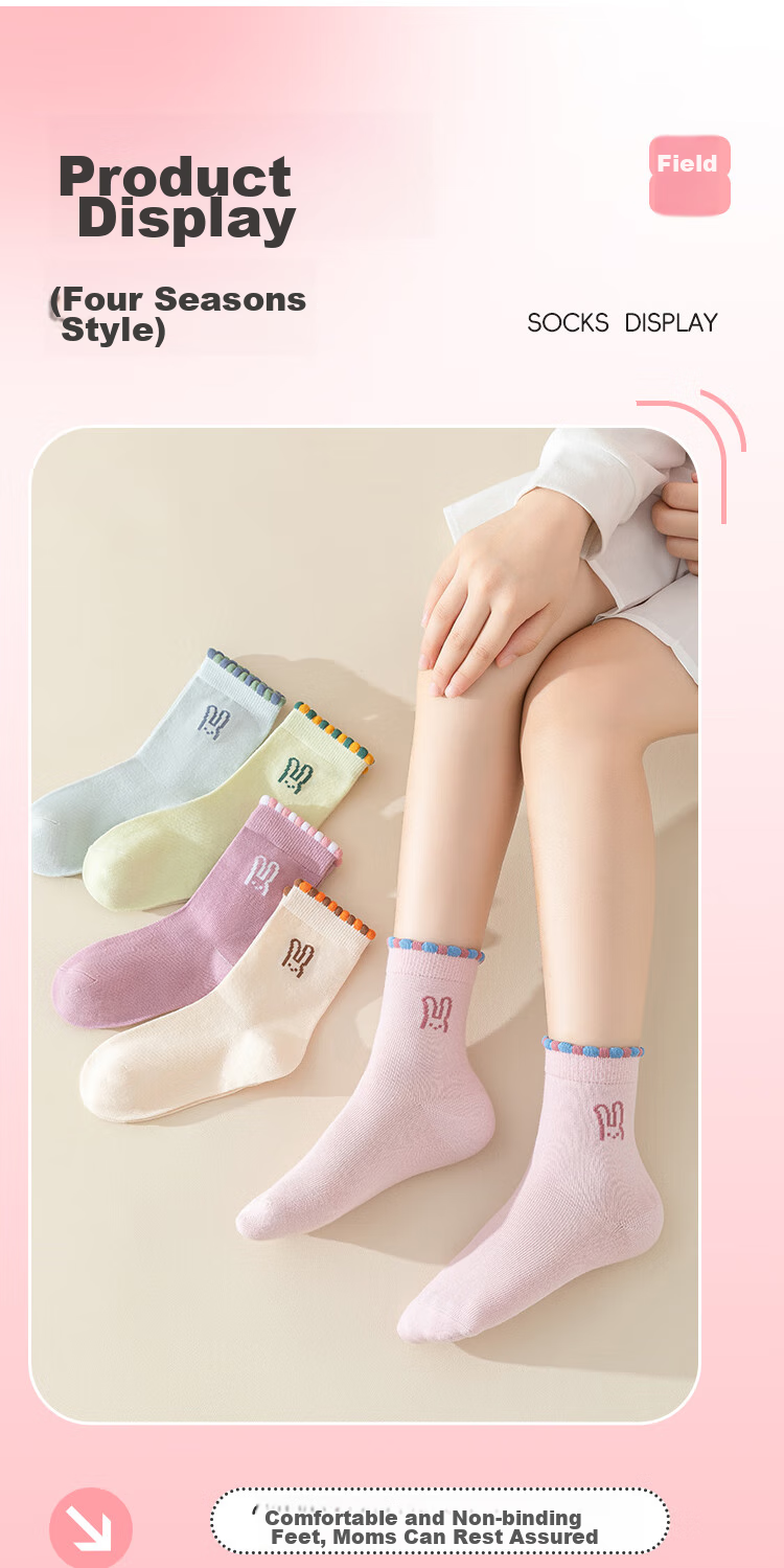 MiiOW Children's Socks, Girls' Socks, Autumn And Winter, Cute Baby Girl Socks for Older Children, Cotton Mid-Calf Socks, Colorful Rabbit Design, Size L 10