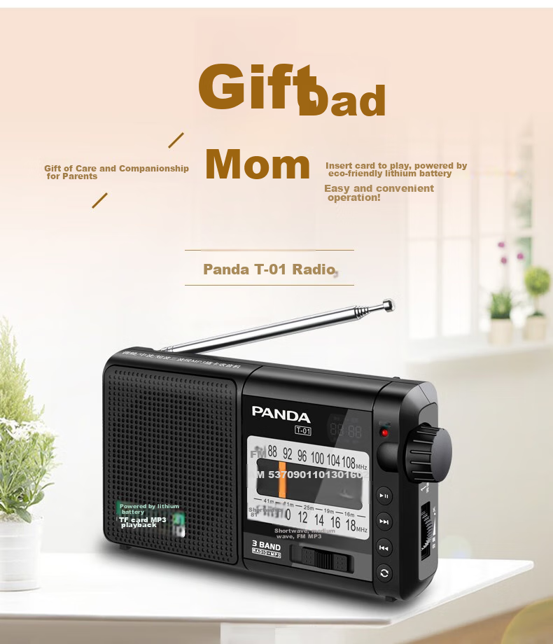 Panda T-01, Gift for The Elderly, Mini Three-Band Semiconductor, Full Band Radio, Card-Slot Lithium Battery Digital Audio Player (Silver) 2